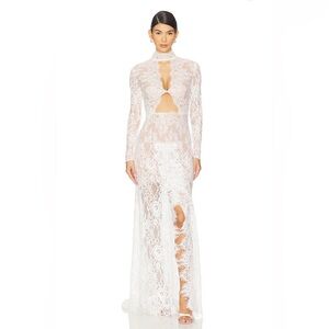 NWOT BRONX AND BANCO Eleanor Sheer Long Sleeve High Slit White Lace Wedding Gown